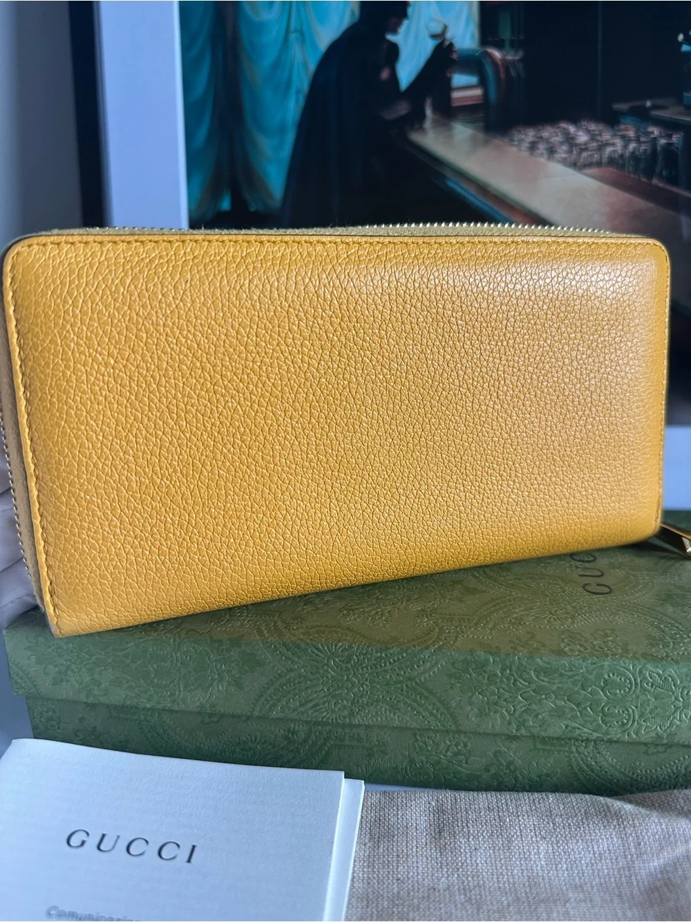 Gucci Yellow Embossed Logo Pebbled Leather Zip Around Wallet w/ Box and Dusty ⭐